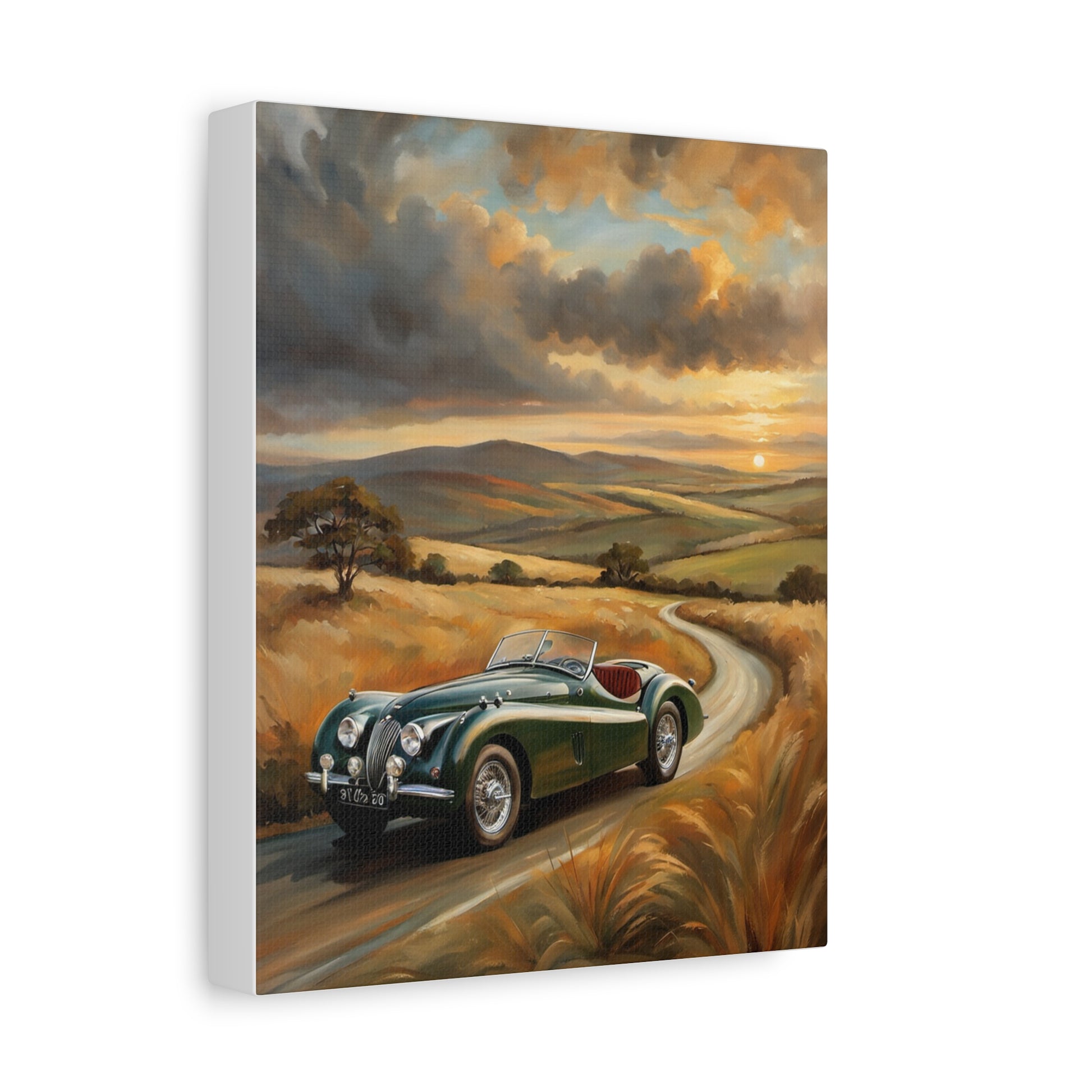 Retro Car Wall Art featuring a classic convertible on a scenic countryside road at sunset