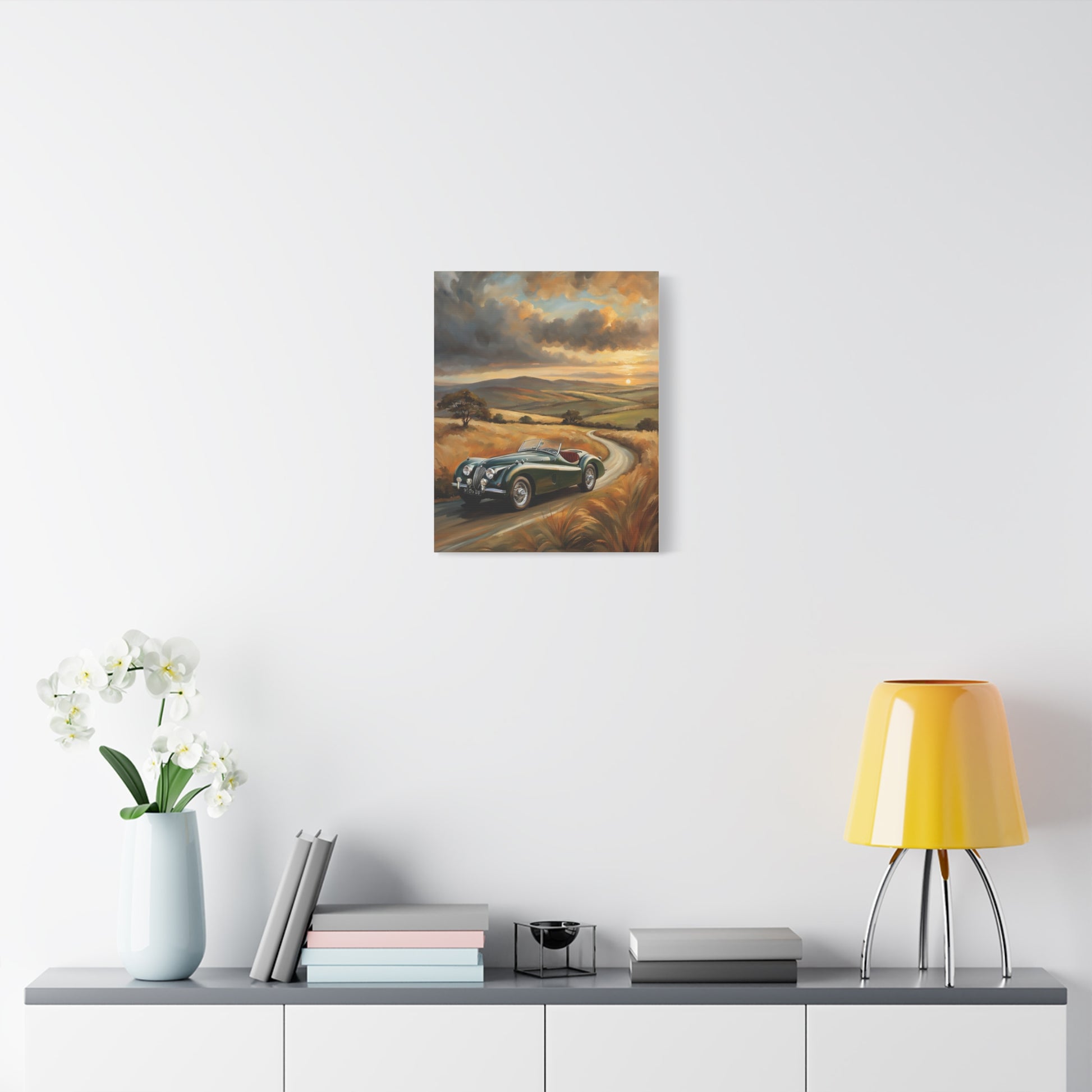 Retro Car Wall Art featuring a classic car on a scenic landscape in warm tones