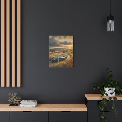 Retro Car Wall Art featuring a classic car against a scenic backdrop in a stylish interior