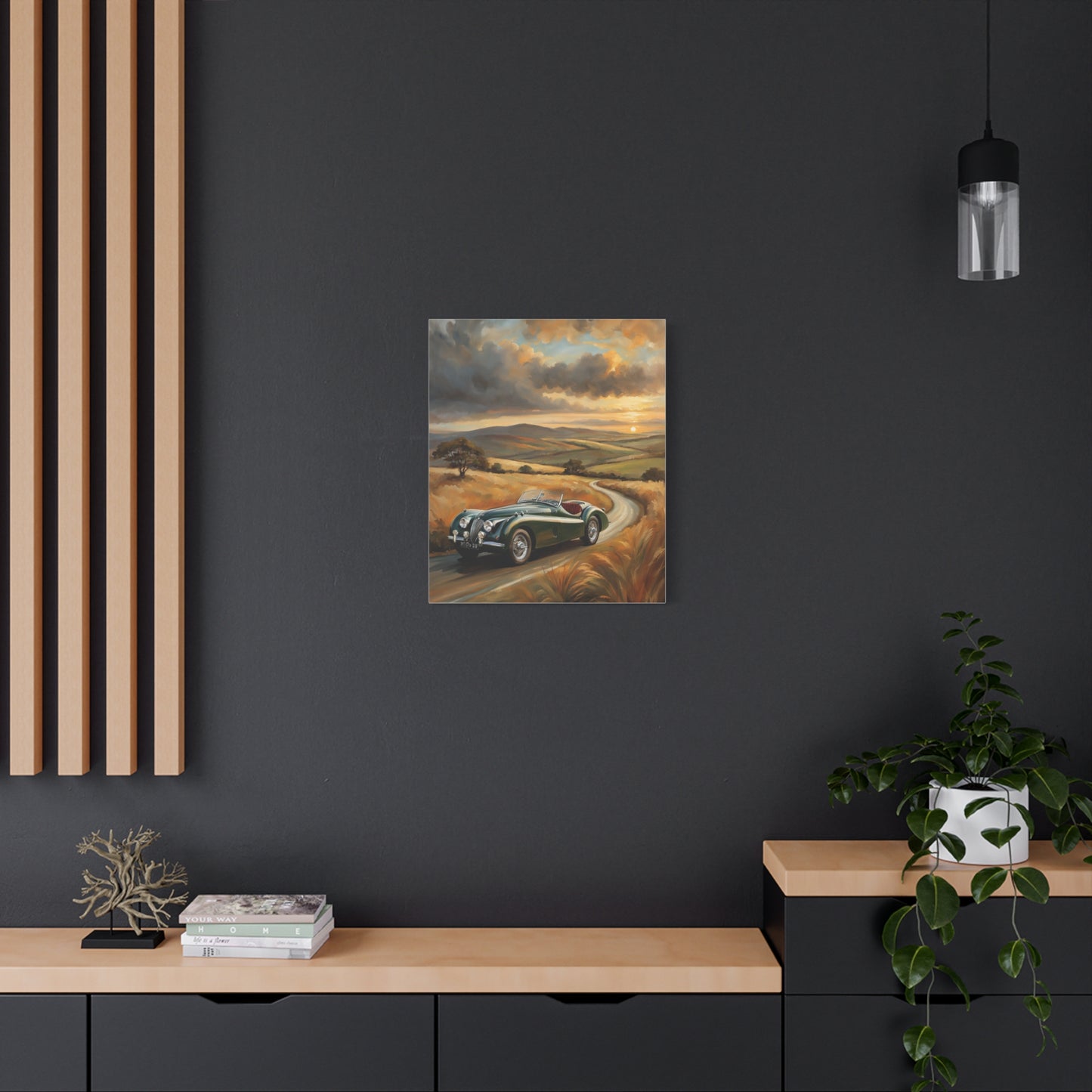 Retro Car Wall Art displayed above a modern wooden cabinet in a stylish room