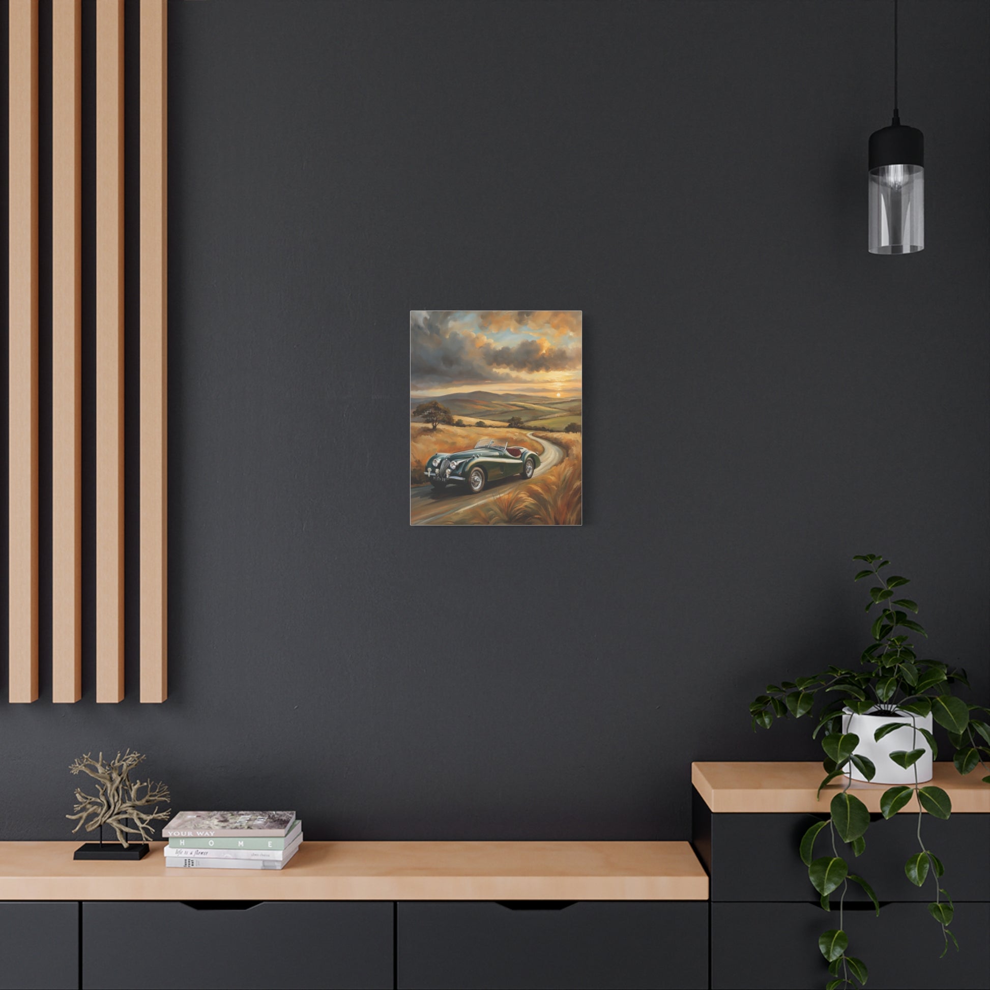 Retro Car Wall Art featuring a classic car on a scenic landscape, perfect for home decor