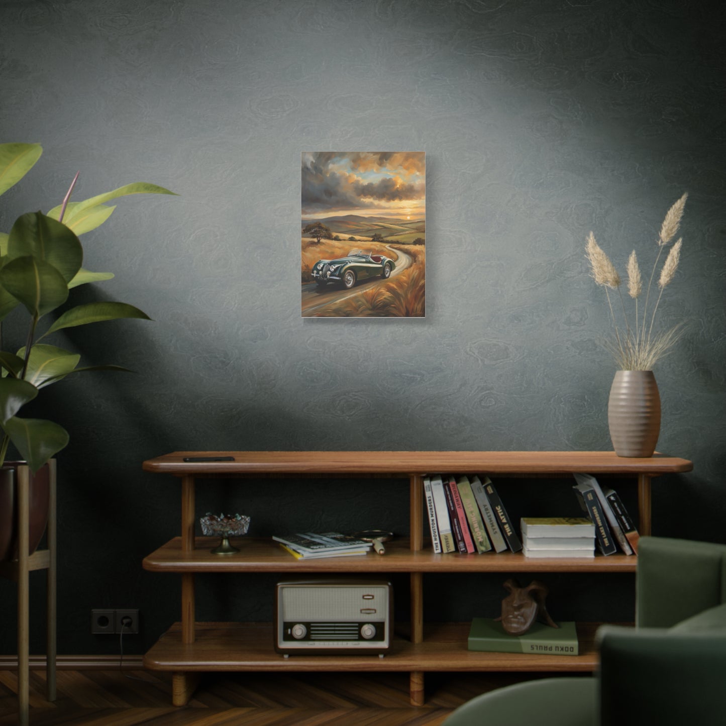 Retro Car Wall Art featuring a classic car on a scenic road, perfect for home decor