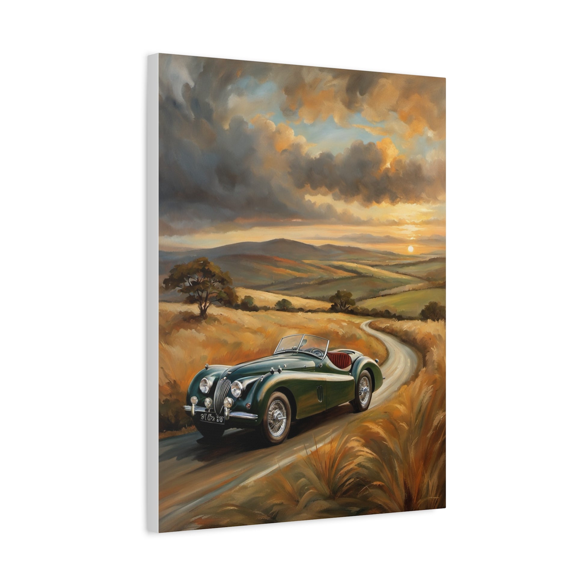 Retro Car Wall Art featuring a vintage car on a scenic country road during sunset