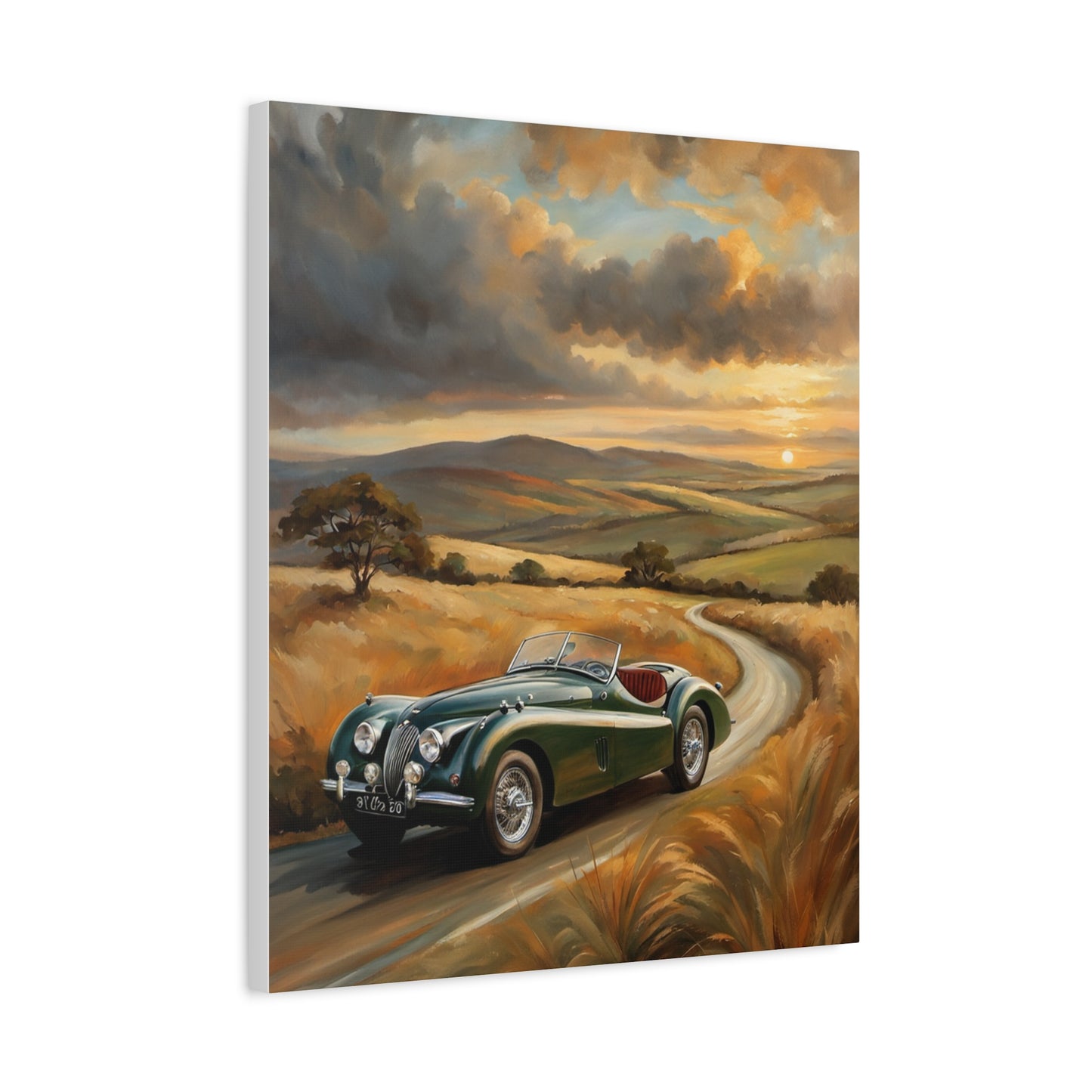 Retro Car Wall Art featuring a classic green car on a scenic road at sunset
