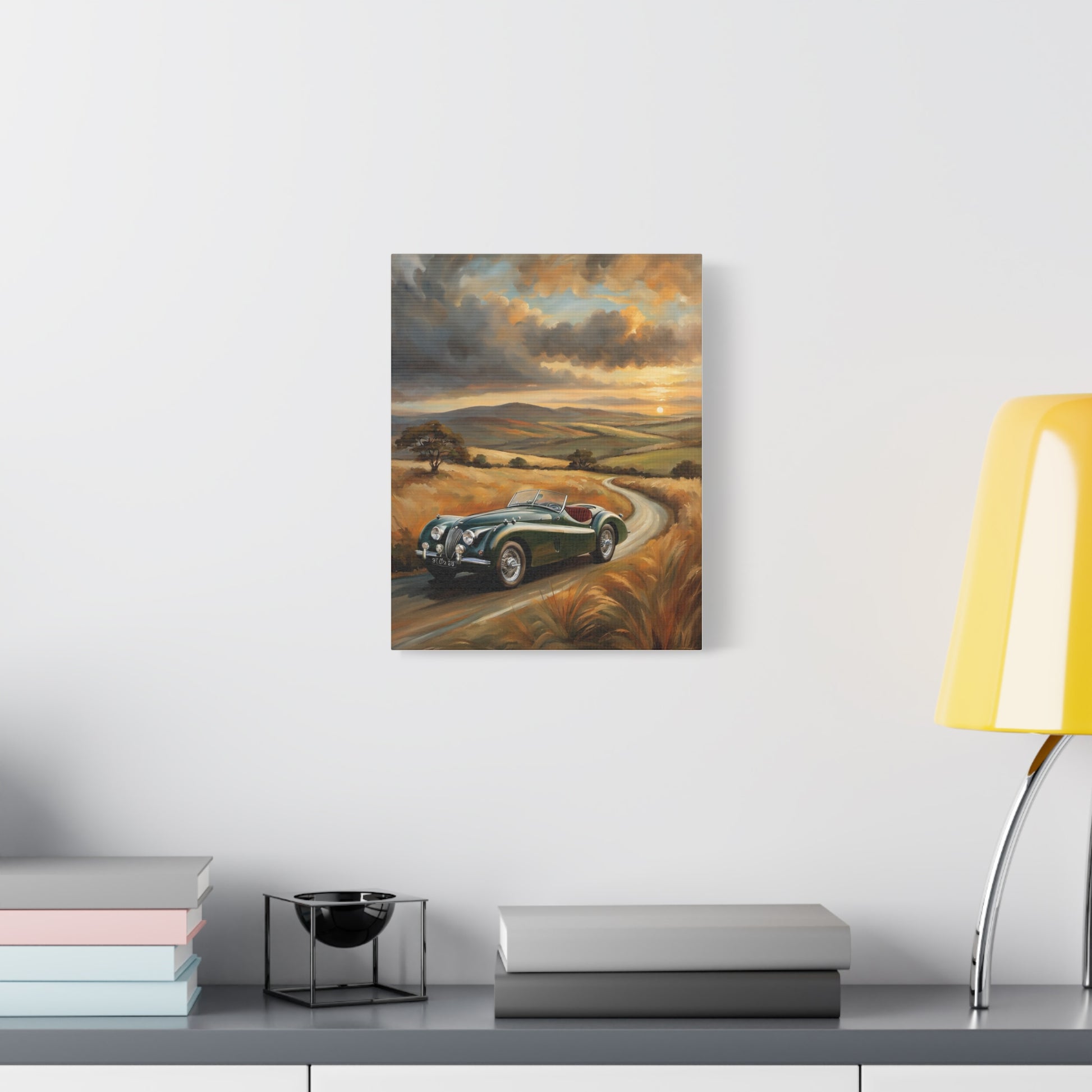 Retro Car Wall Art featuring a classic car on a winding road in a scenic landscape