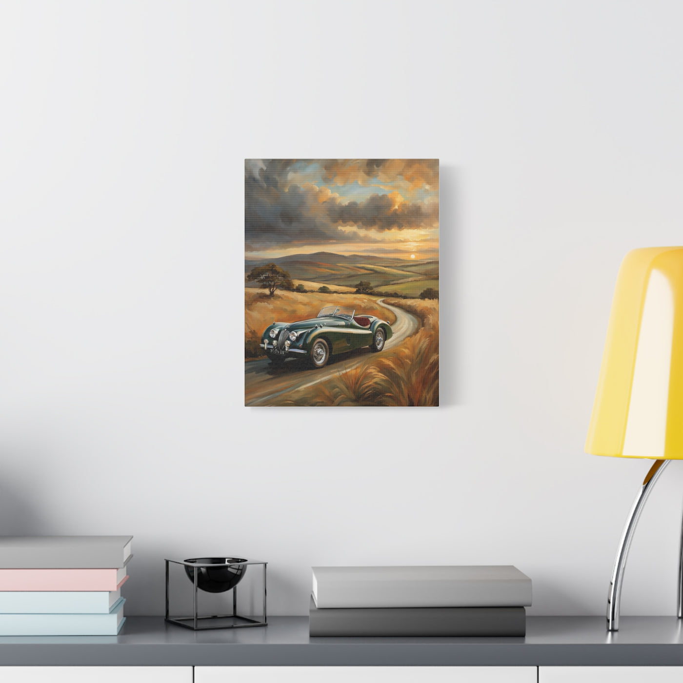 Retro Car Wall Art featuring a classic car on a winding road in a scenic landscape