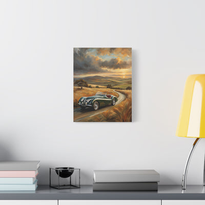 Retro Car Wall Art featuring a classic car on a winding road in a scenic landscape