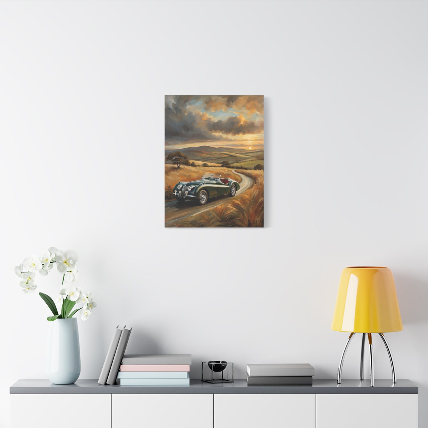 Retro Car Wall Art on a wall above a stylish modern shelf with decorative items