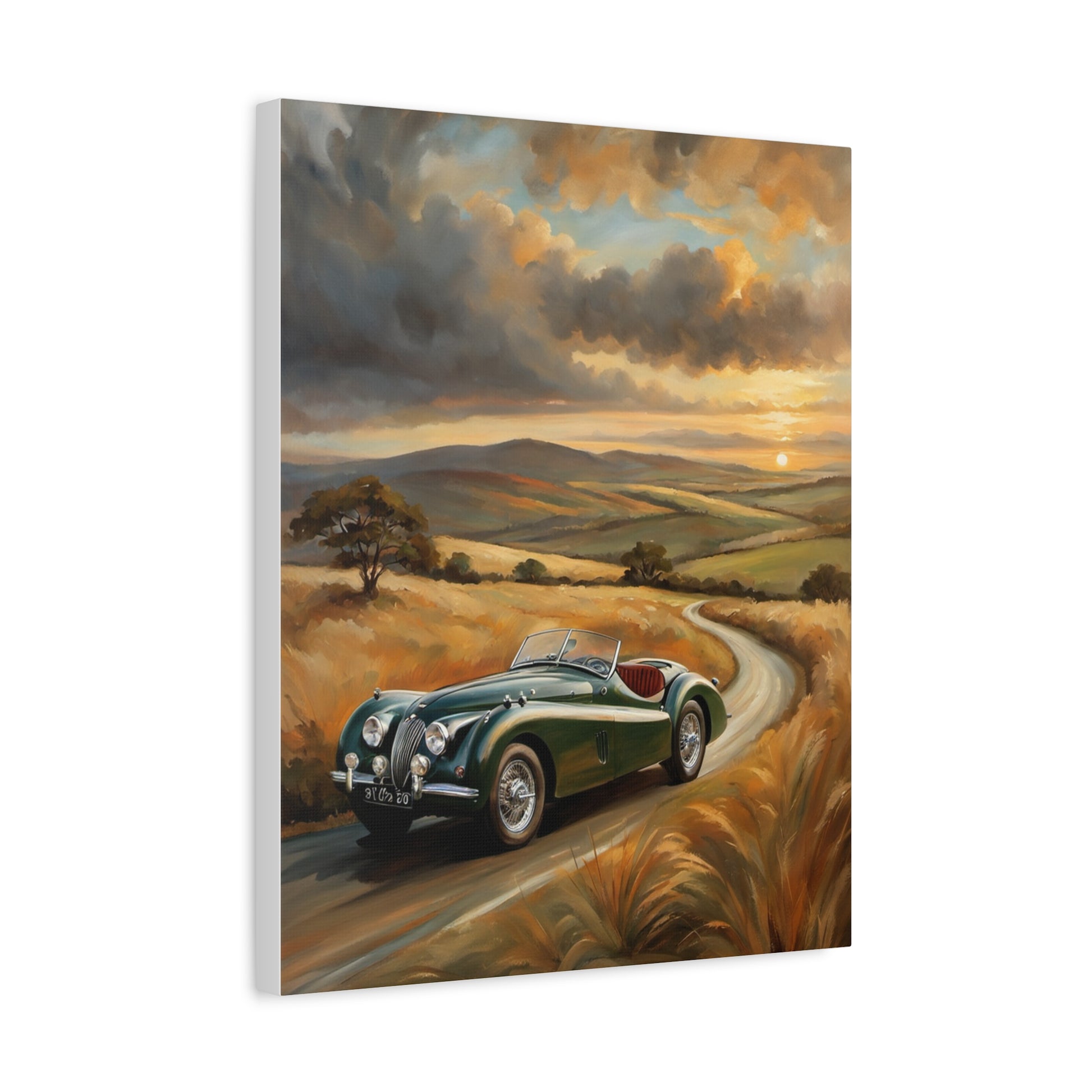Vintage green retro car wall art featuring a classic car driving on a scenic road