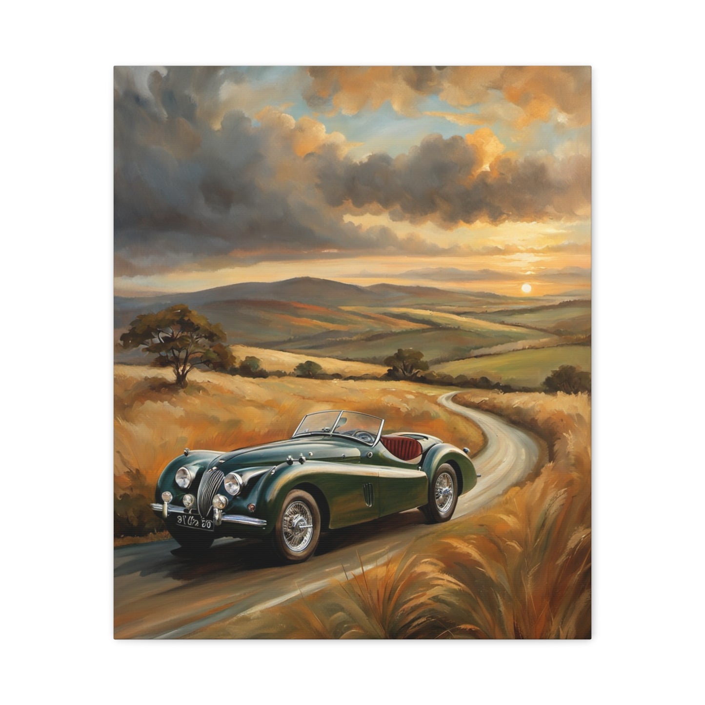 Retro Car Wall Art featuring a classic green car on a scenic road during sunset