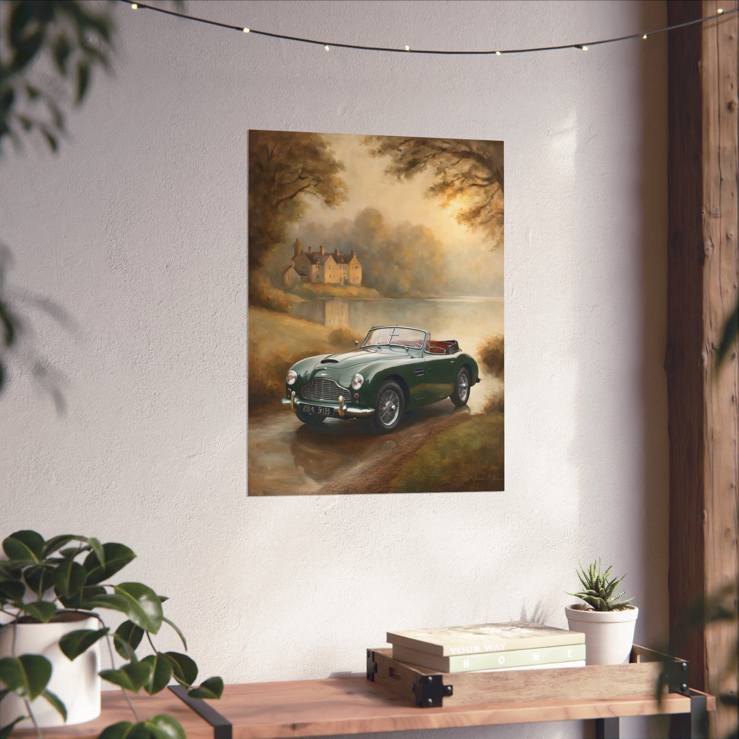 Retro Car Wall Decor featuring a classic green convertible on a scenic countryside road