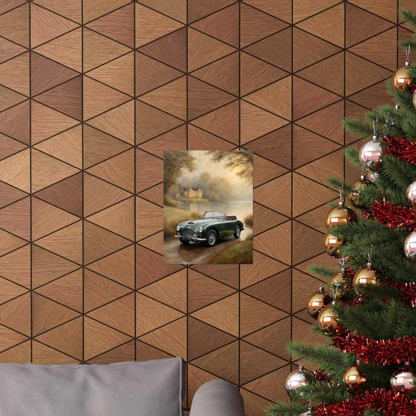 Retro Car Wall Decor featuring a classic car on a textured wood-patterned wall