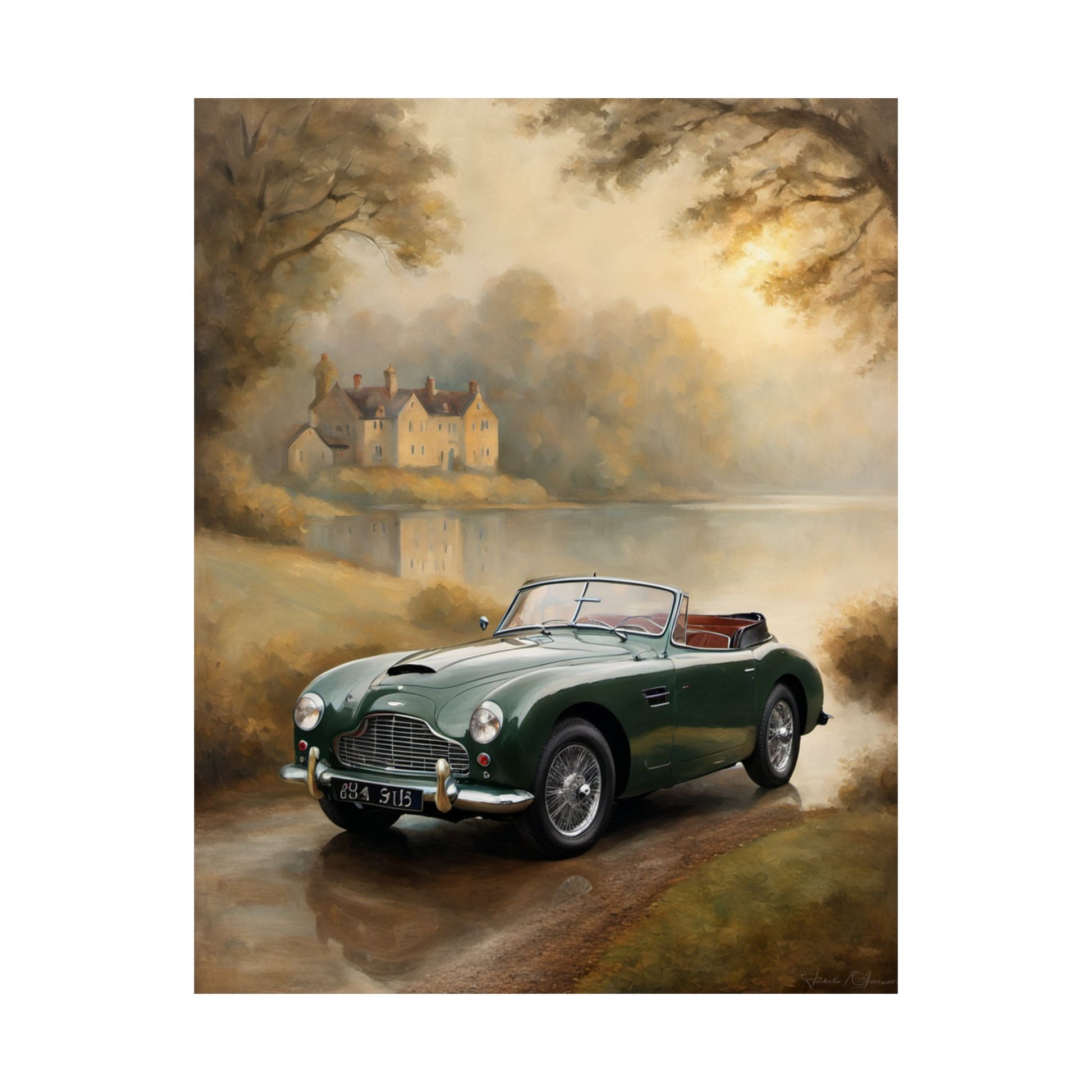 Vintage green car poster featuring a beautiful landscape, perfect for Retro Car Wall Decor