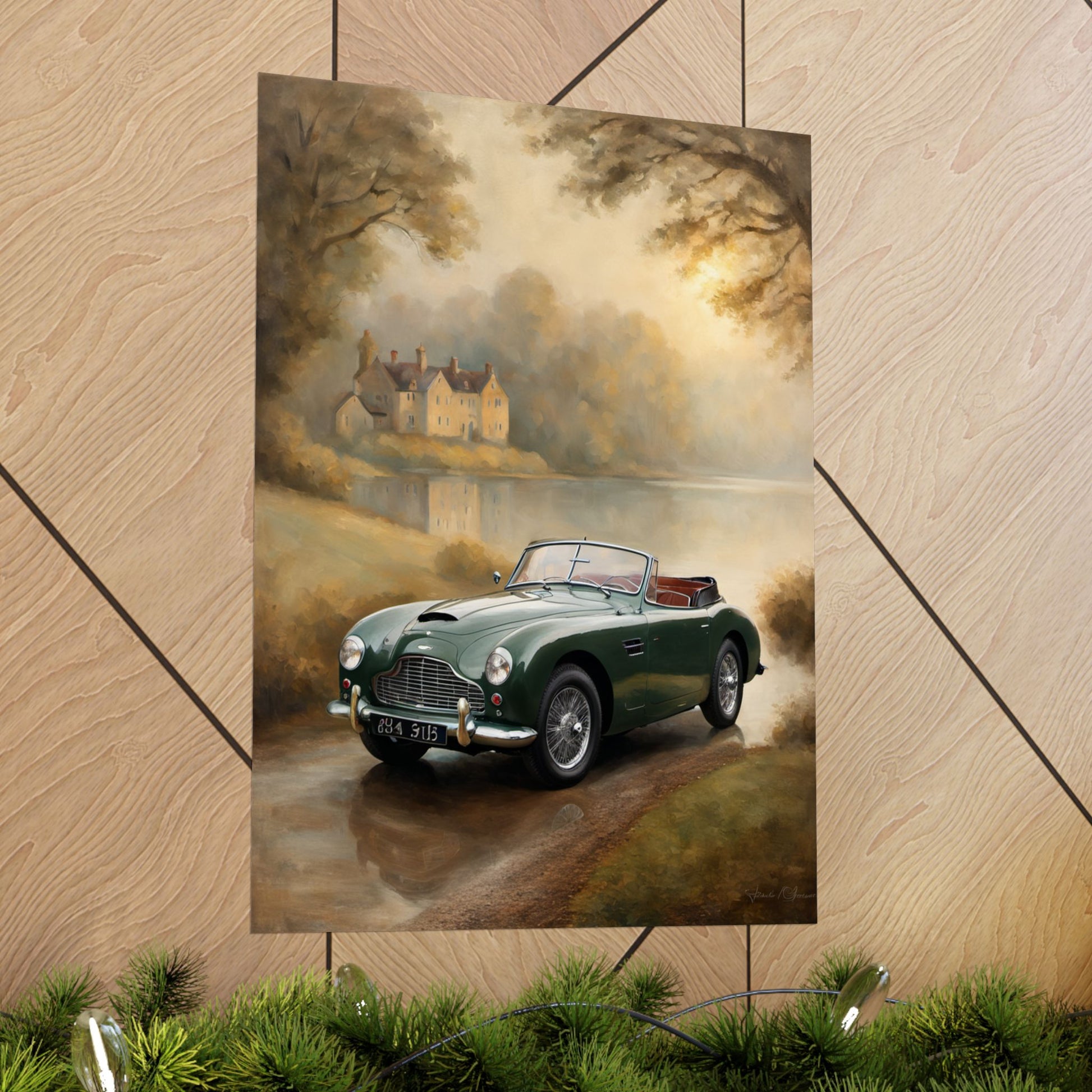 Retro Car Wall Decor featuring a classic green convertible parked by a scenic landscape