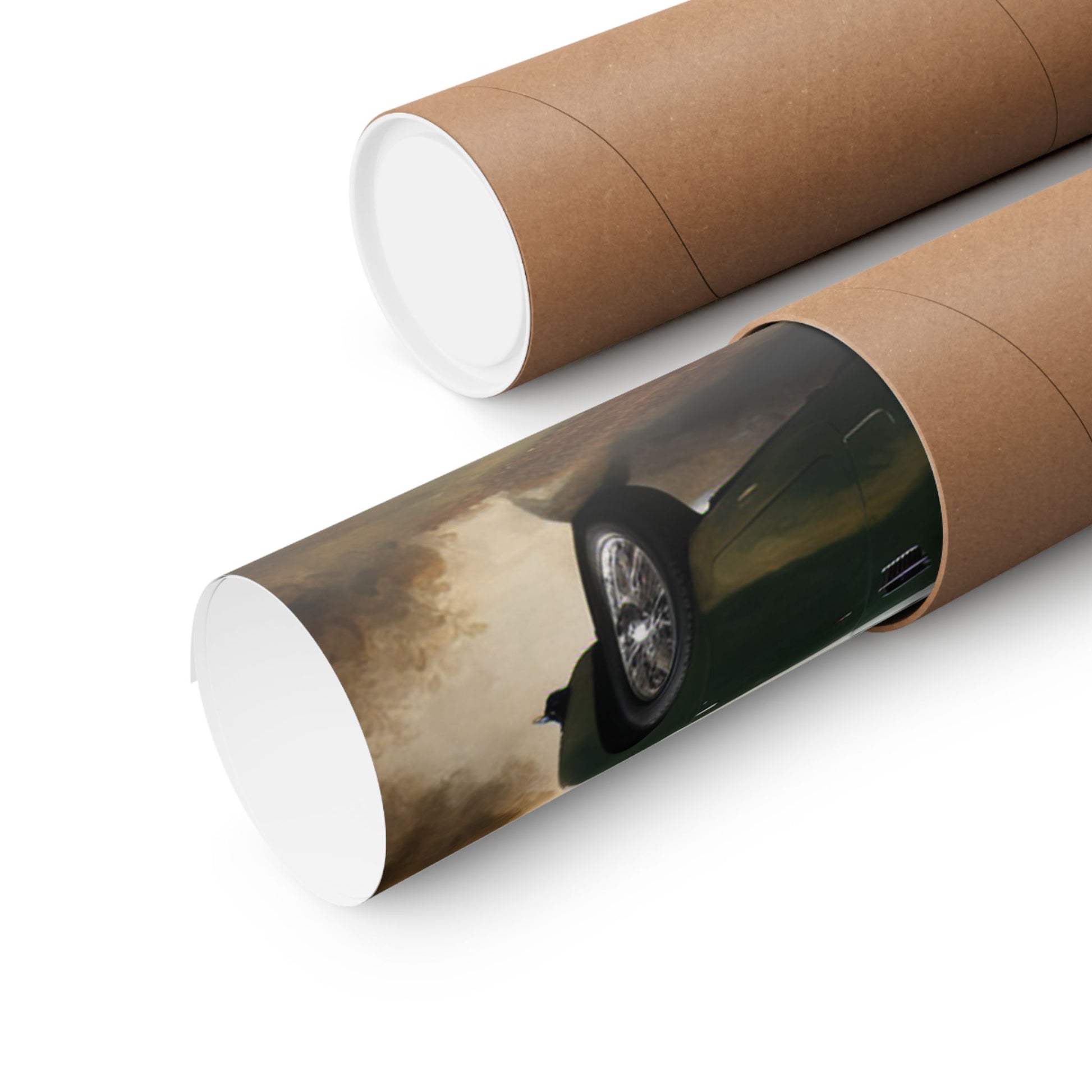 Retro Car Wall Decor poster rolled in a brown cardboard tube for easy transport