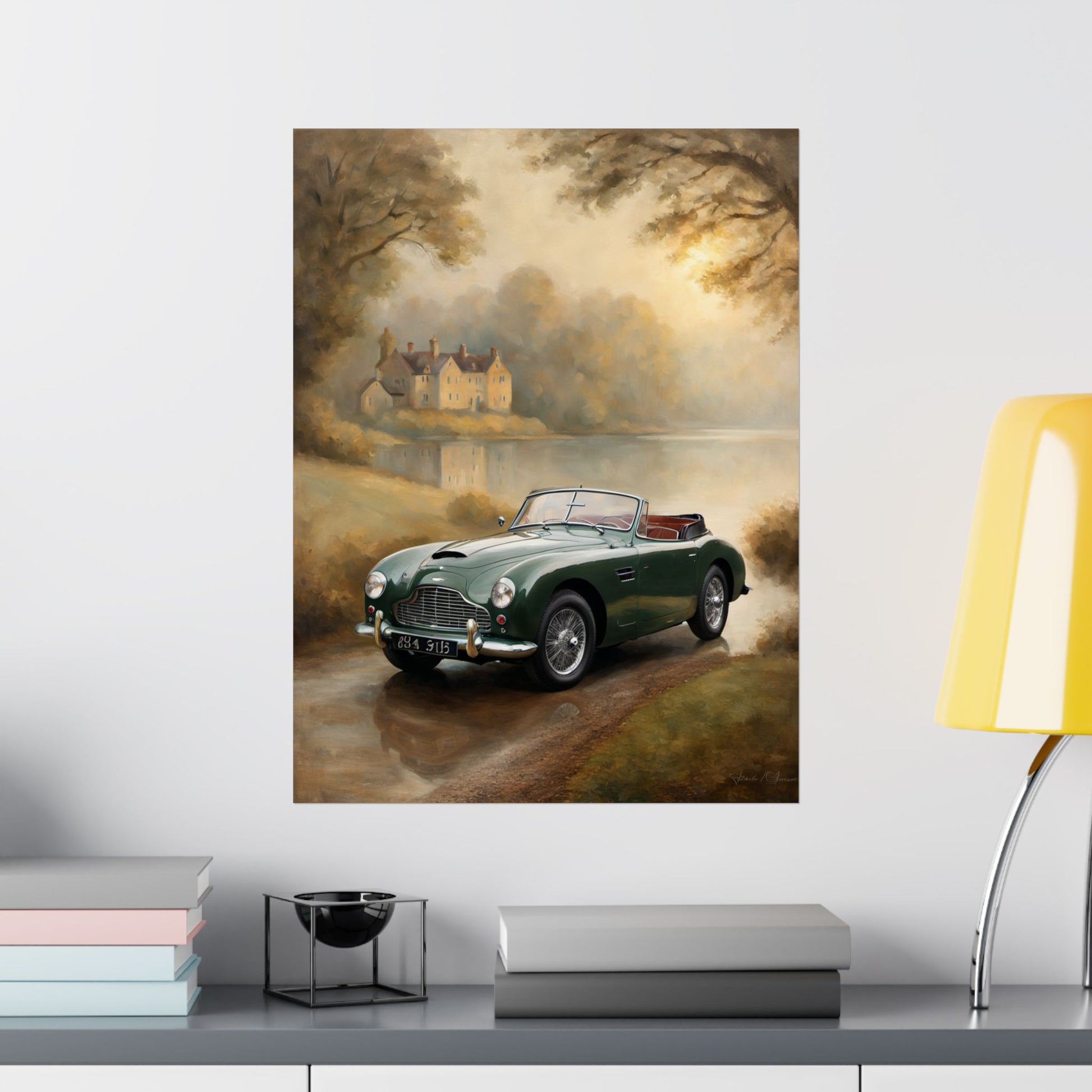 Vintage green car poster featuring a scenic landscape, perfect for Retro Car Wall Decor