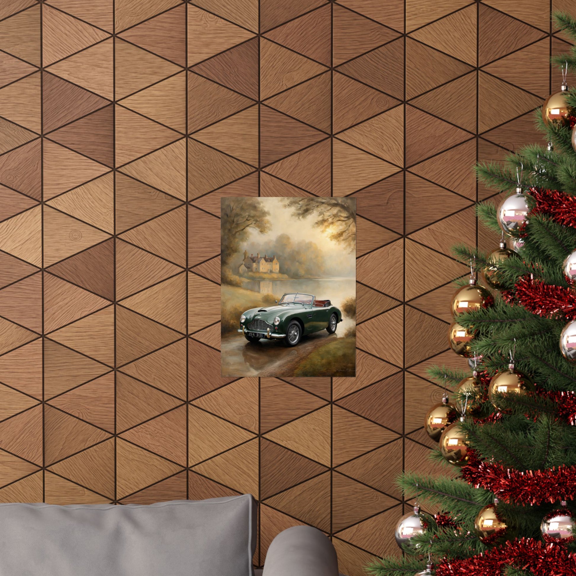 Vintage poster of a green retro car wall decor hanging on a geometric wood wall