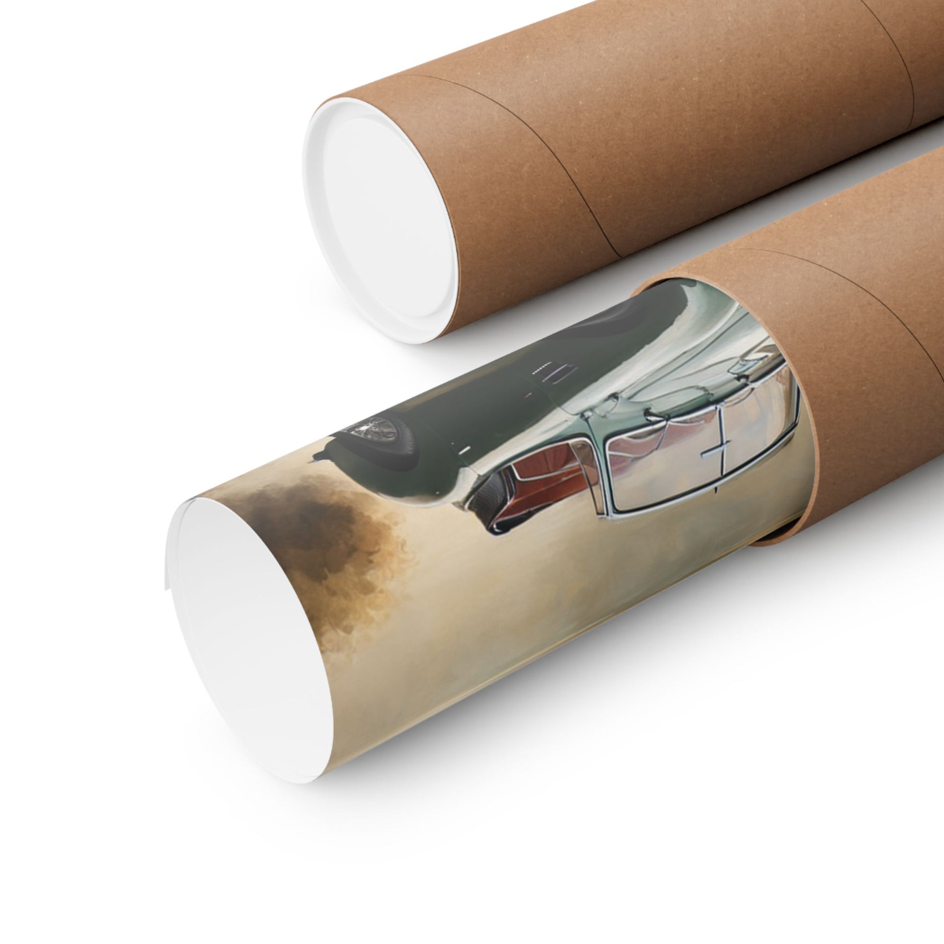Retro Car Wall Decor poster rolled in a brown paper tube for easy shipping and storage