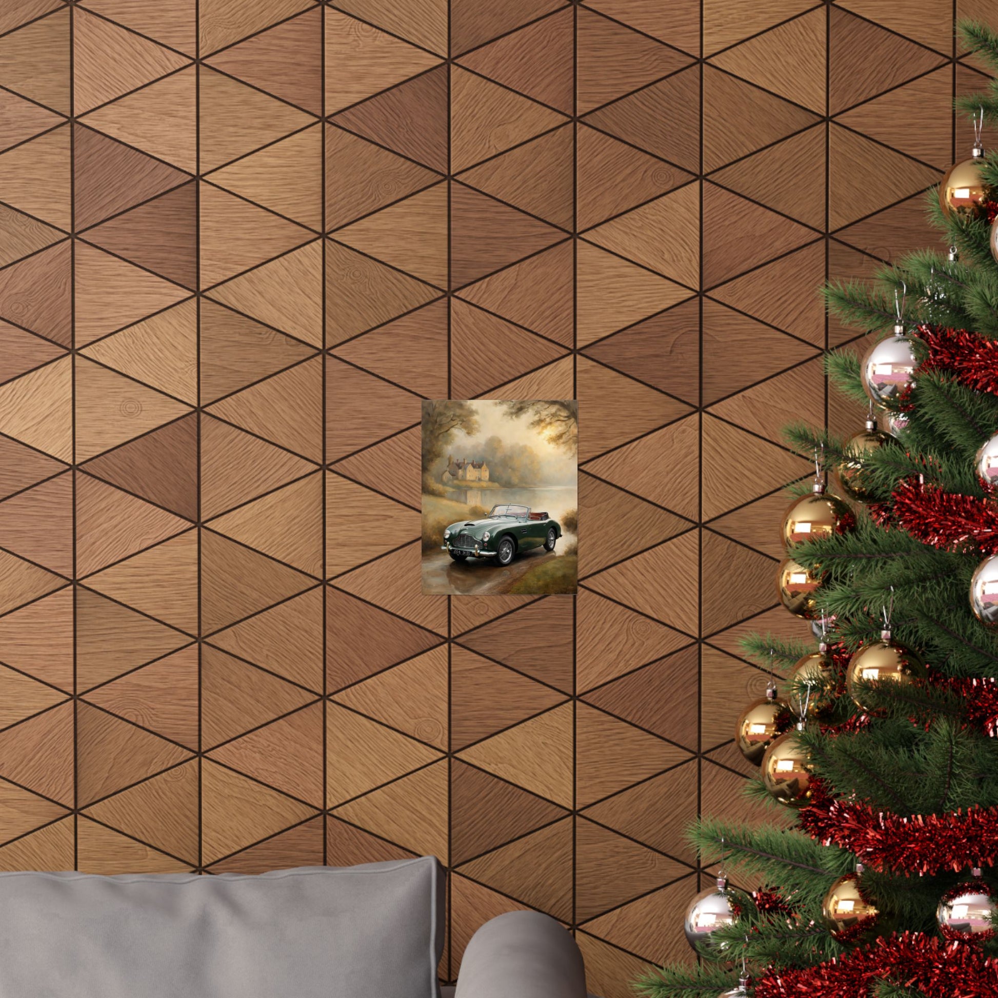 Retro Car Wall Decor poster featuring a classic car in front of a scenic backdrop on a geometric wood-patterned wall
