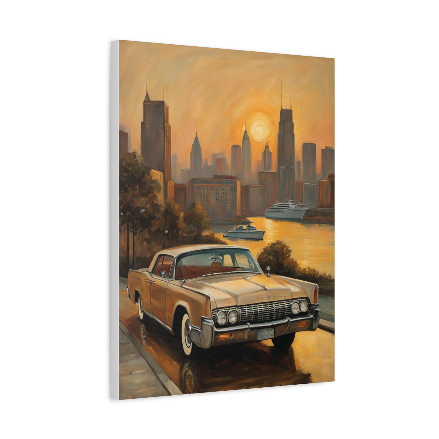 Vintage car parked by the river at sunset in a Retro Cityscape Canvas Art Print