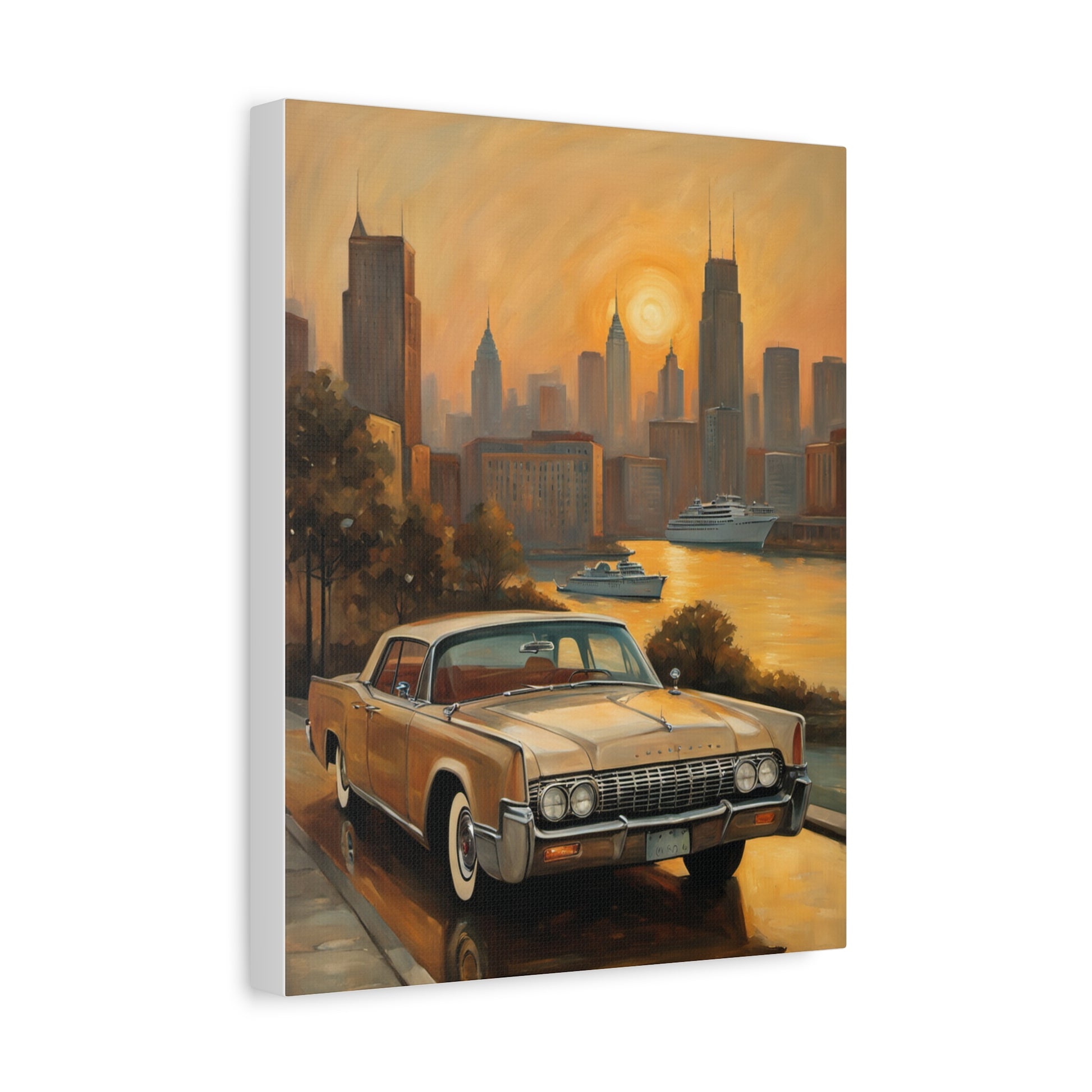 Retro Cityscape Canvas Art Print featuring a classic car with a sunset skyline backdrop
