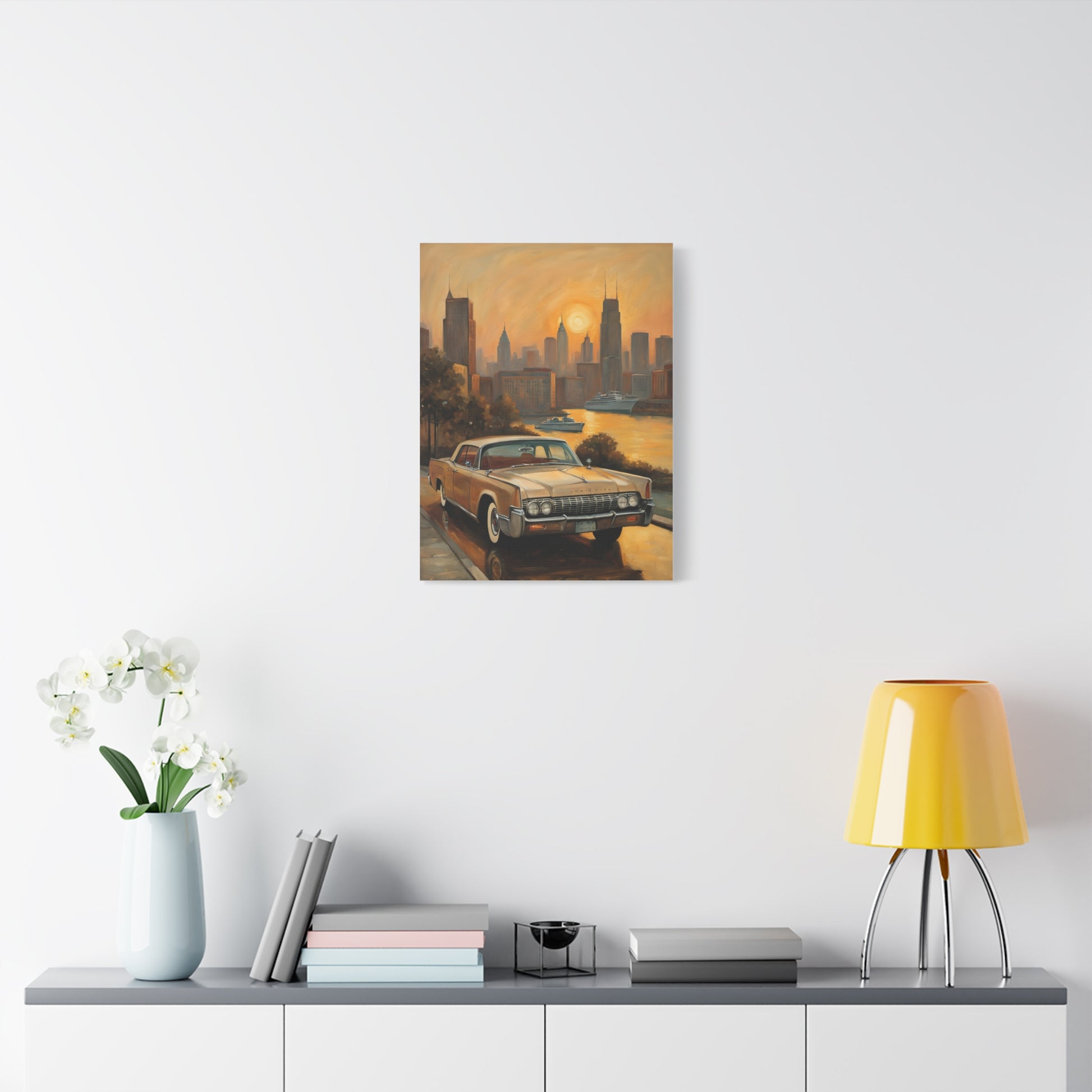 Retro Cityscape Canvas Art Print featuring a vintage car with a sunset backdrop