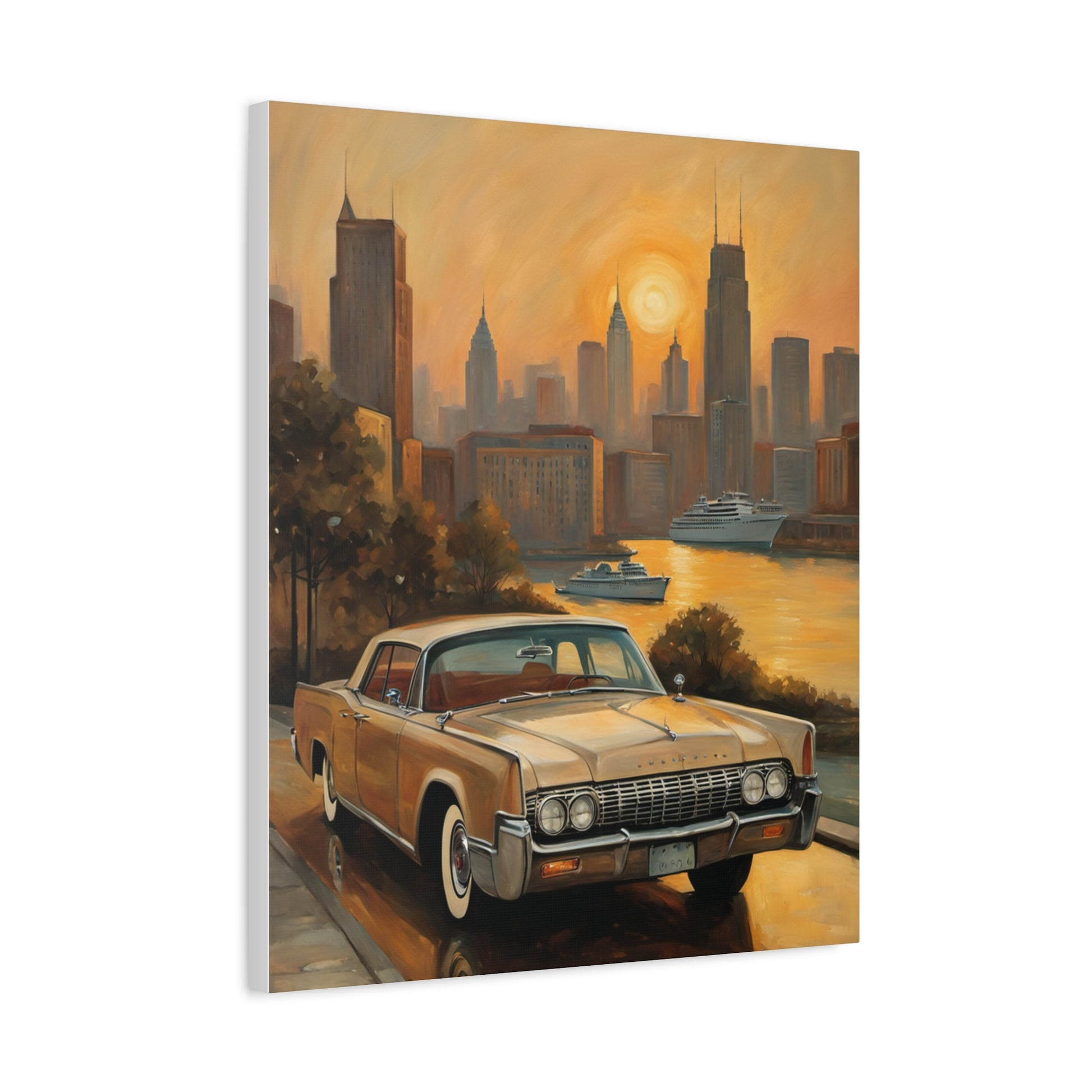 Retro Cityscape Canvas Art Print featuring a vintage car with a sunset city skyline