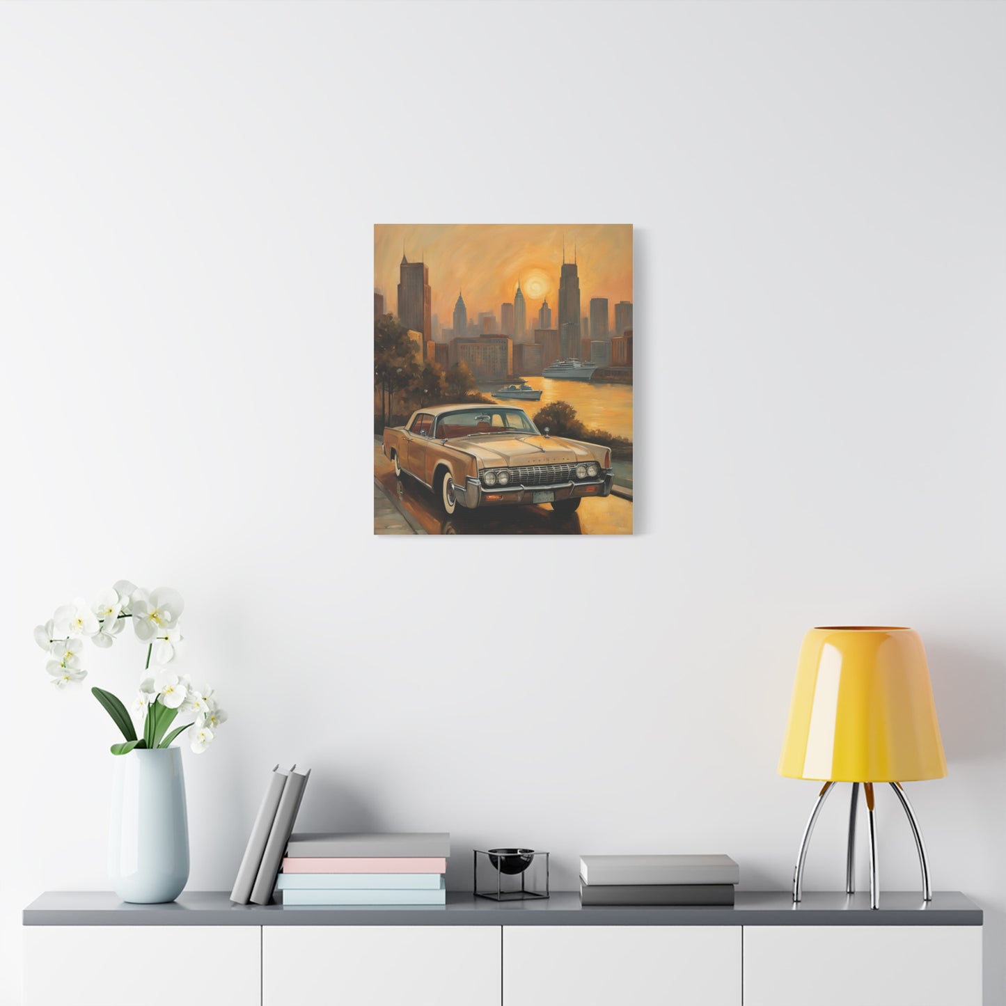 Retro Cityscape Canvas Art Print featuring a vintage car against a skyline at sunset