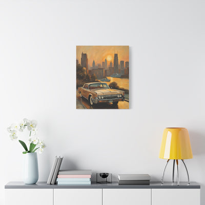 Retro Cityscape Canvas Art Print featuring a vintage car against a skyline at sunset