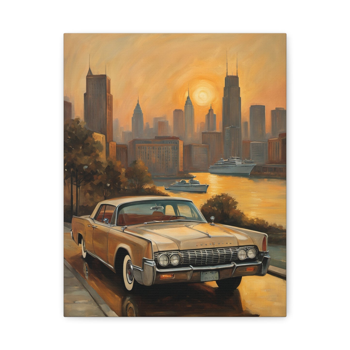 Retro Cityscape Canvas Art Print featuring a vintage car by a river with a city skyline at sunset