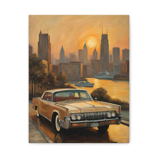 Retro Cityscape Canvas Art Print featuring a vintage car by a river with a city skyline at sunset