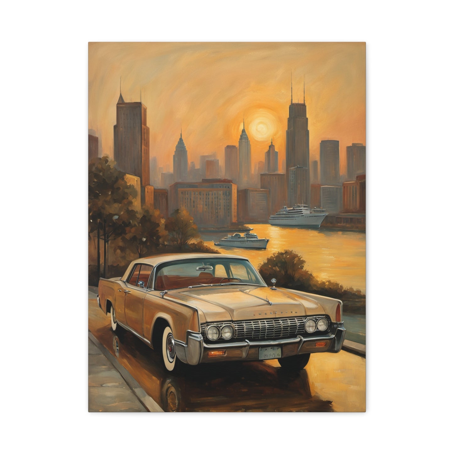 Retro Cityscape Canvas Art Print featuring a vintage car with a city skyline at sunset