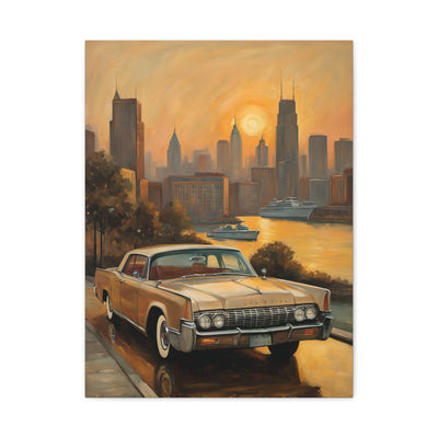 Retro Cityscape Canvas Art Print featuring a vintage car with a city skyline at sunset