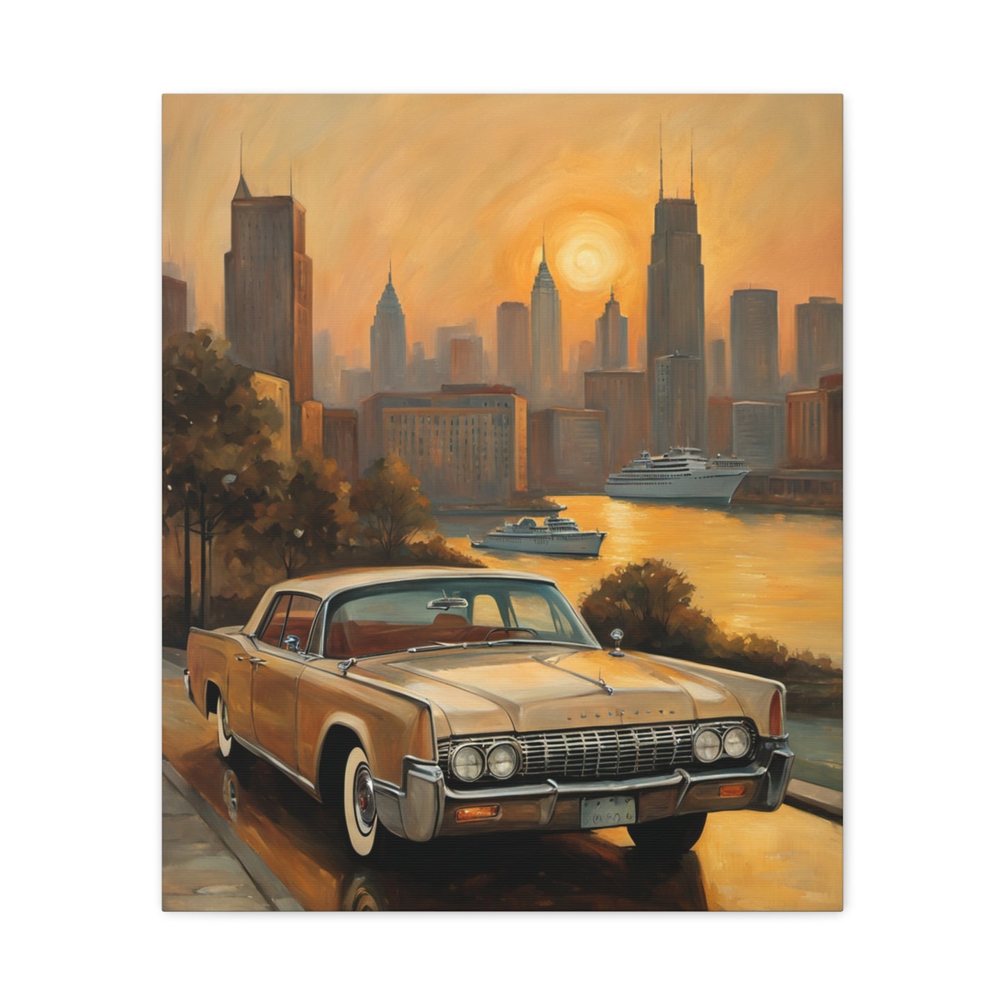 Retro Cityscape Canvas Art Print featuring a retro car with a city skyline at sunset