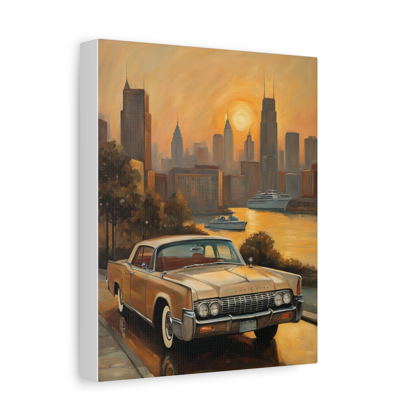 Retro Cityscape Canvas Art Print featuring a vintage car against a sunset skyline