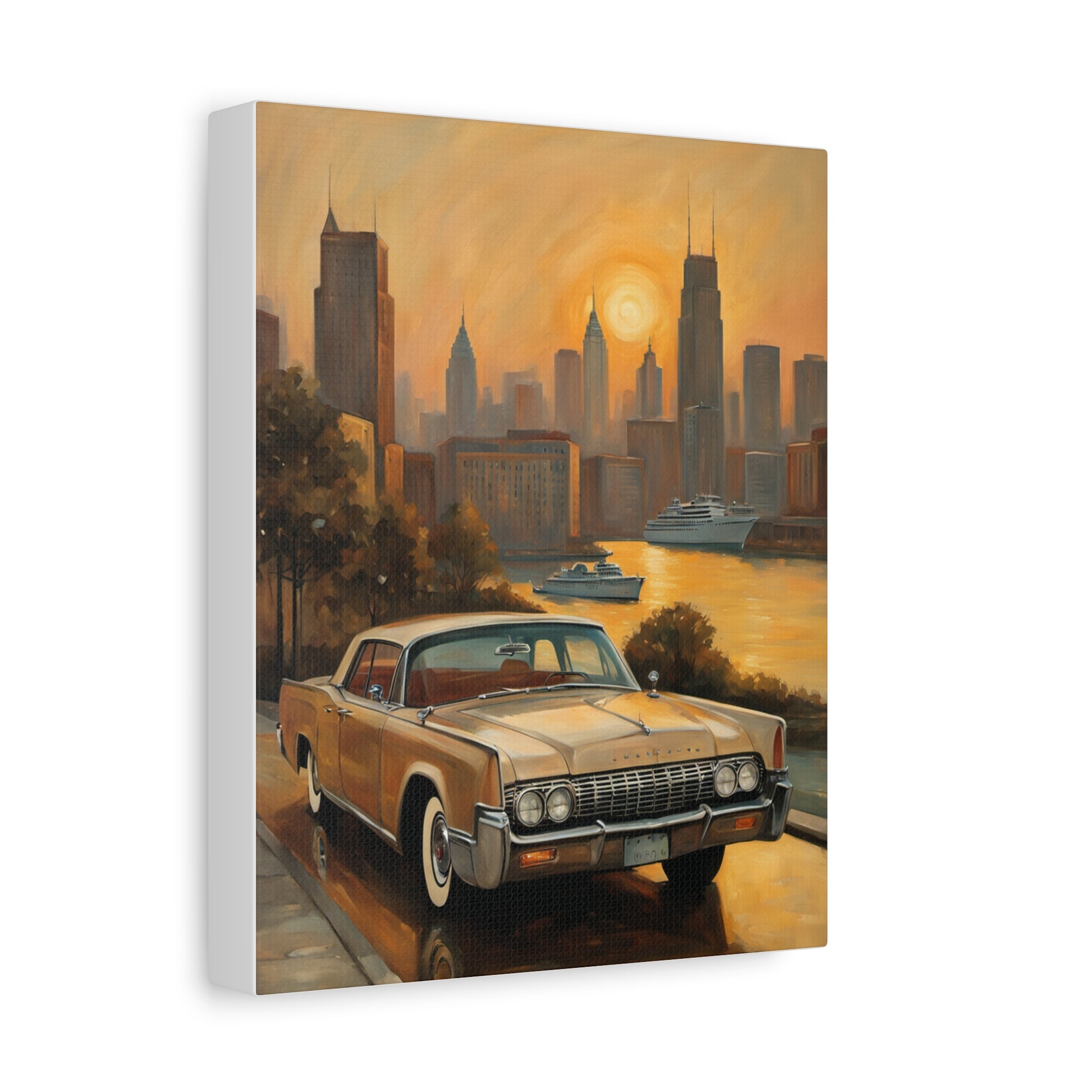 Retro Cityscape Canvas Art Print featuring a vintage car against a sunset skyline