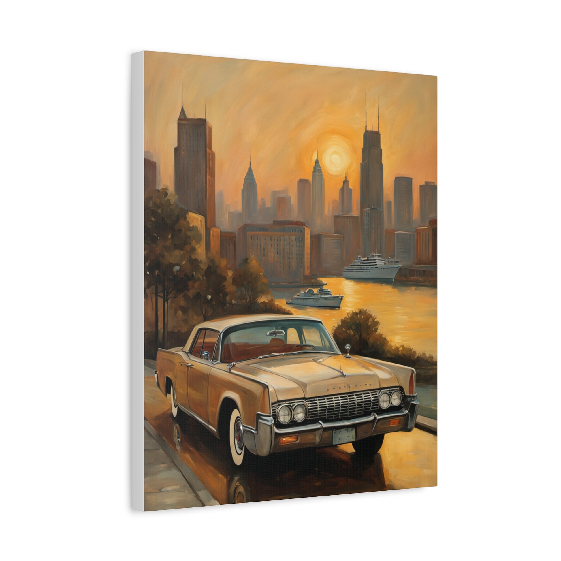 Retro Cityscape Canvas Art Print featuring a vintage car by the riverside at sunset