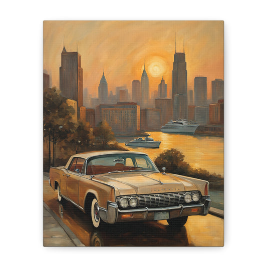 Retro Cityscape Canvas Art Print featuring a classic car and a vibrant sunset over city skyline