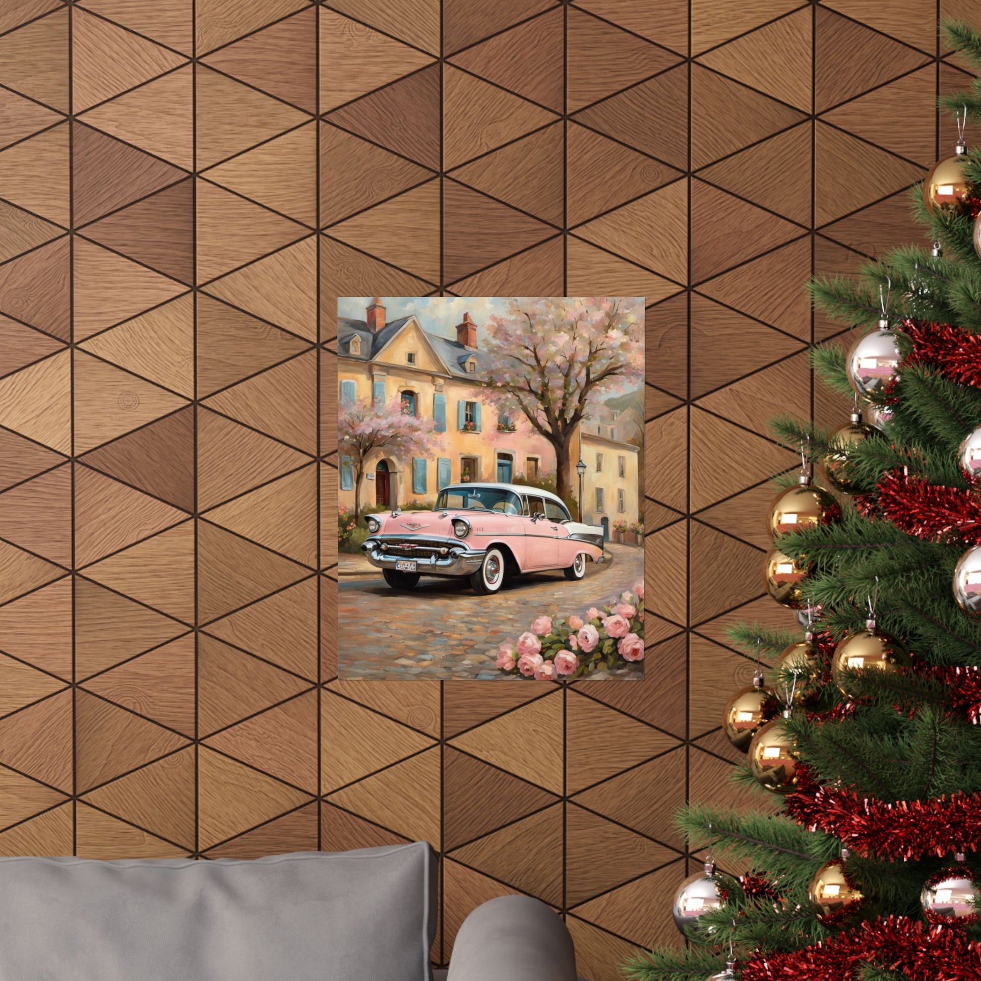 Charming retro floral poster for home featuring a vintage car near blooming trees and a cozy house