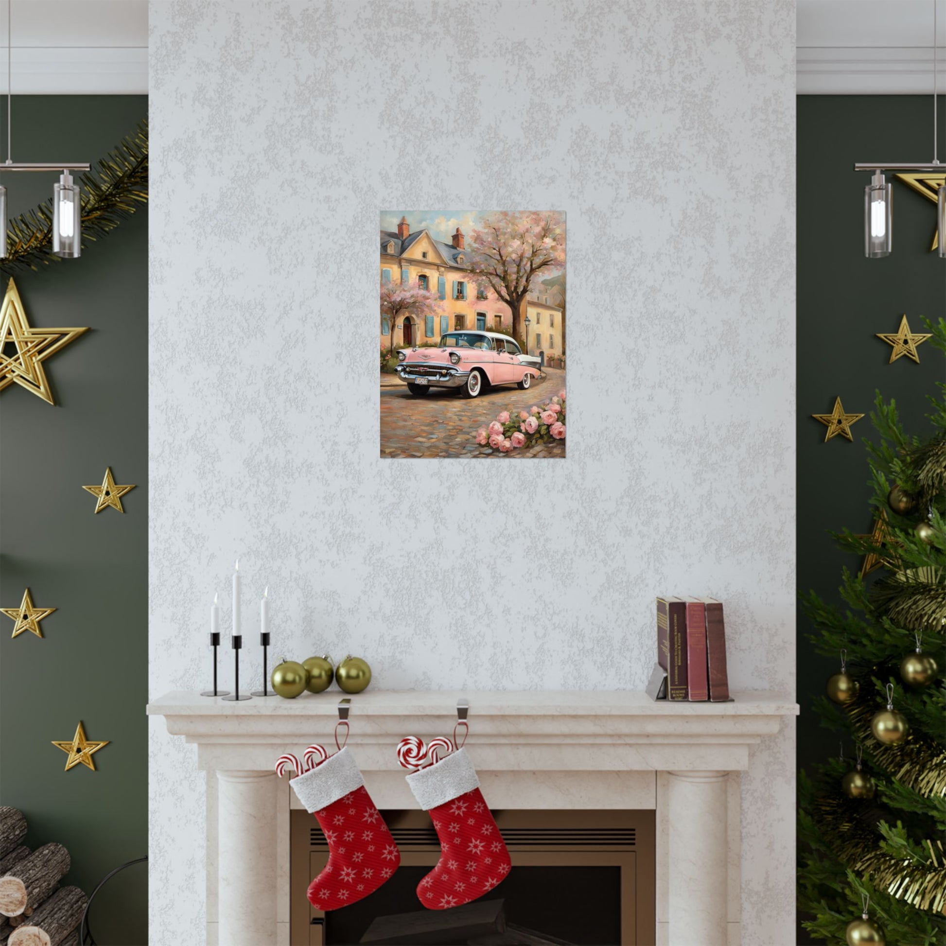 Retro floral poster for home featuring a vintage car in front of a charming house