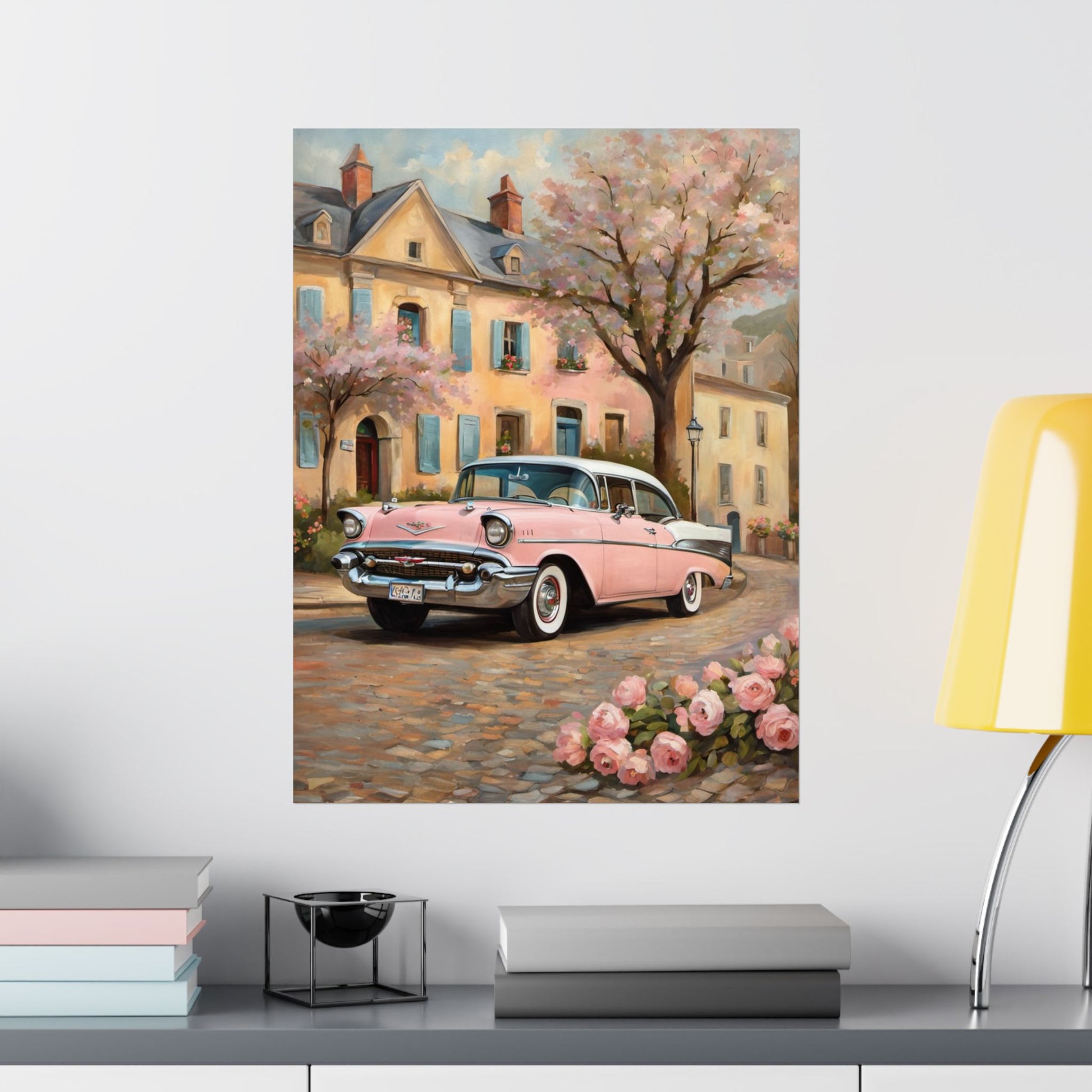 Beautiful retro floral poster for home featuring a vintage car and blooming trees