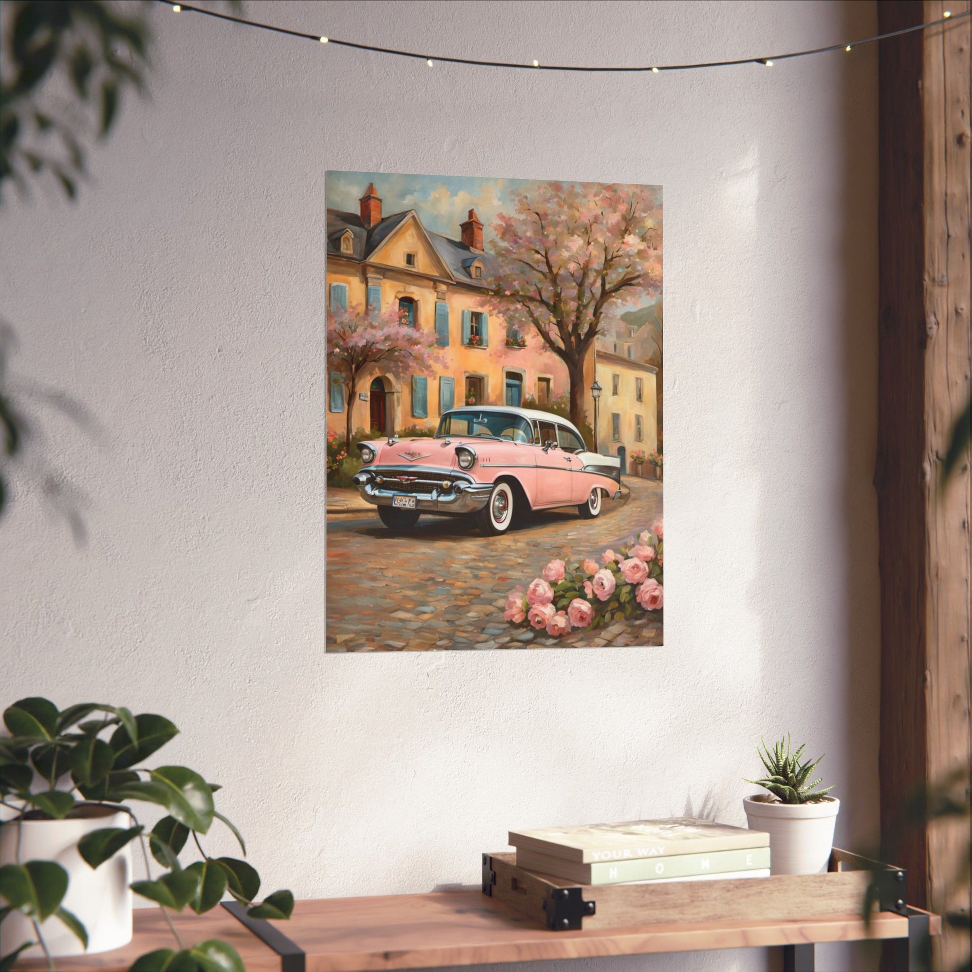 Retro floral poster for home featuring a classic pink car and blooming trees in a charming street setting