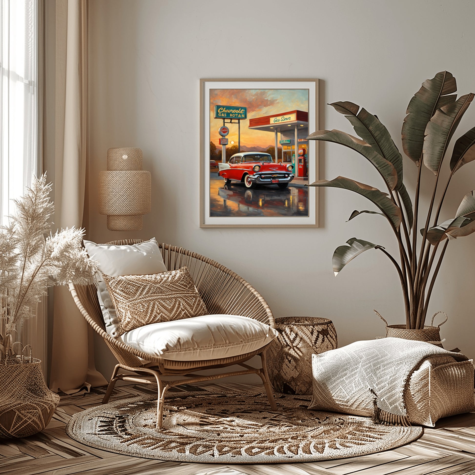 Retro gas station oil painting on wall above wicker chair in cozy boho living room