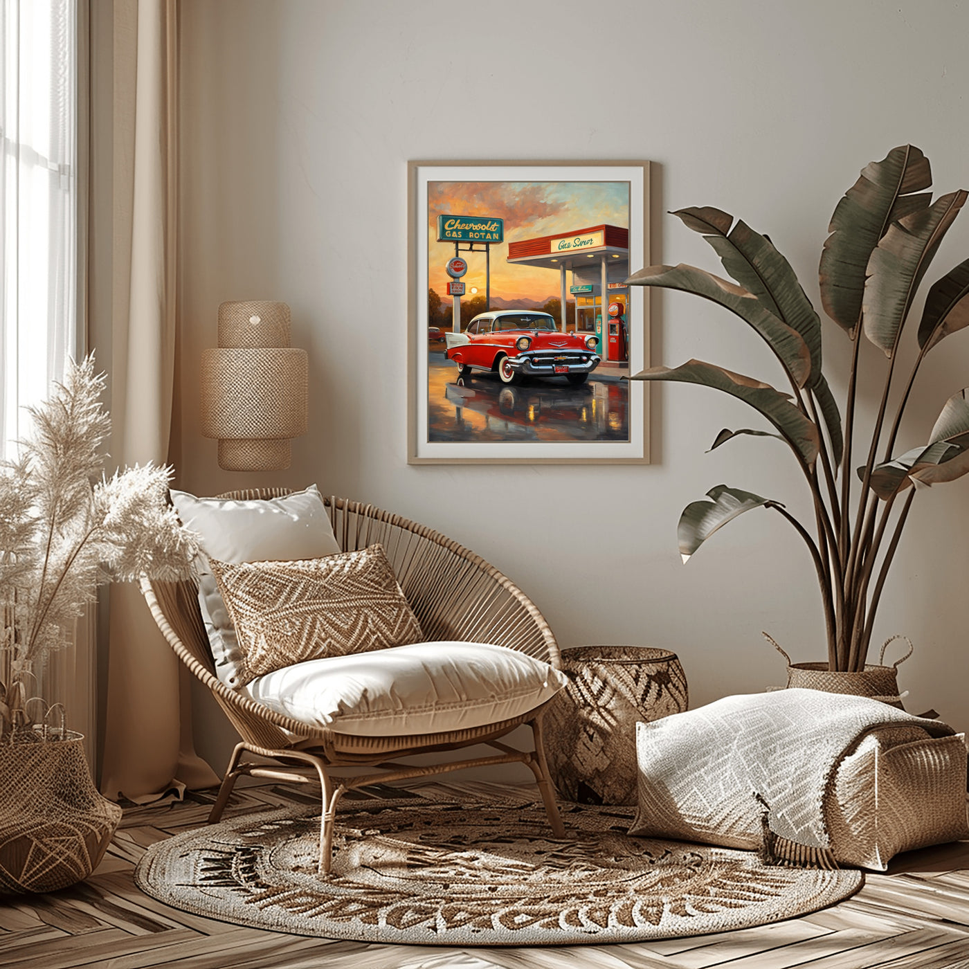 Retro gas station oil painting on wall above wicker chair in cozy boho living room