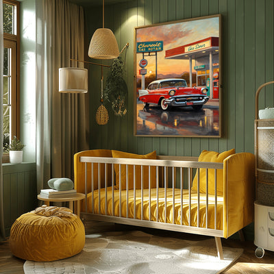 Retro gas station oil painting featuring a classic red car displayed above a mustard yellow crib in a cozy nursery