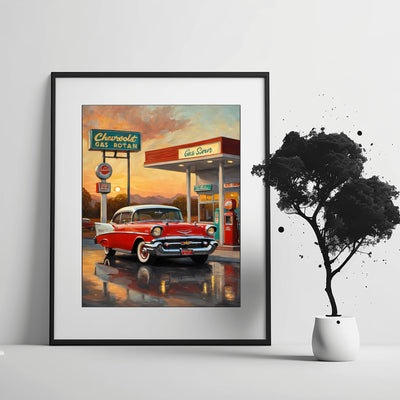Retro gas station oil painting featuring classic car and vintage gas pumps by AquilVision