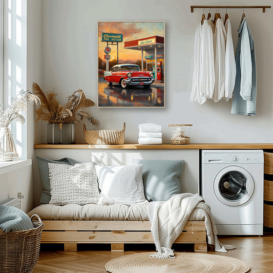 Retro gas station oil painting by AquilVision hanging in a cozy modern laundry room with sofa and washer