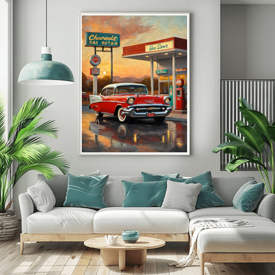 Framed retro gas station oil painting featuring a classic red car at sunset in modern living room