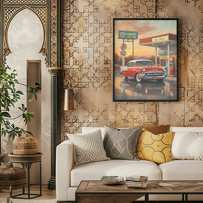 Retro gas station oil painting by AquilVision displayed in a stylish living room with sofa and decorative pillows