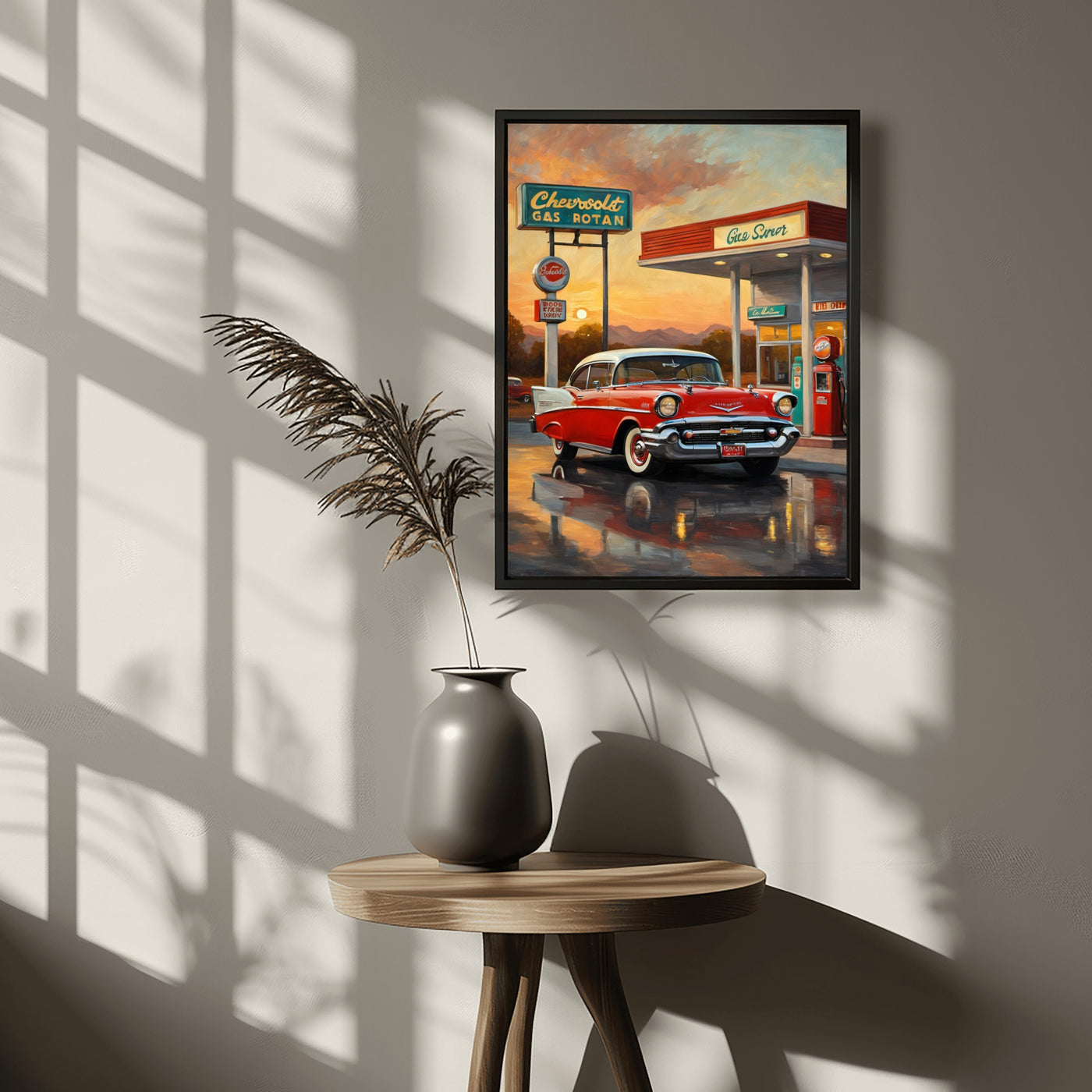 Retro gas station oil painting featuring a classic red car at a Chevrolet gas station in a vintage style